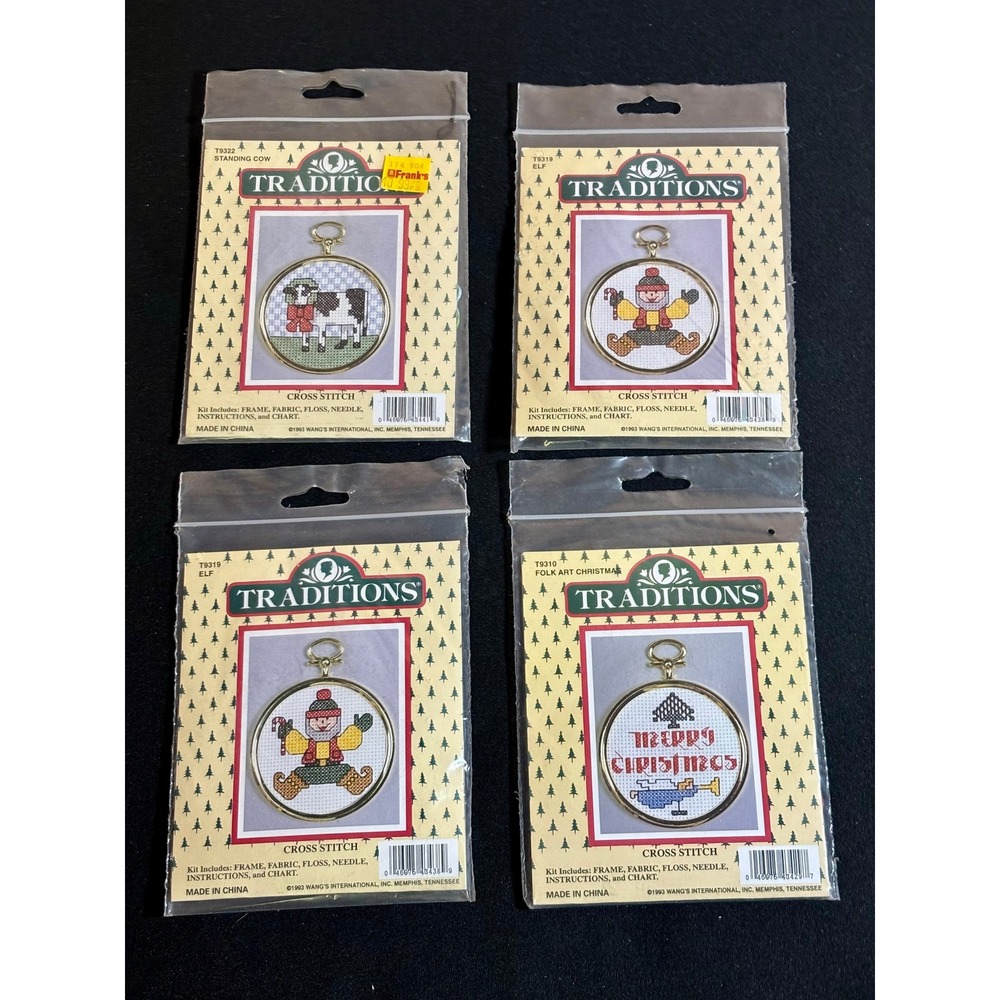 Lot of 4 Vintage 1993 Traditions Cross Stitch Christmas Ornament Kits Cow Elf